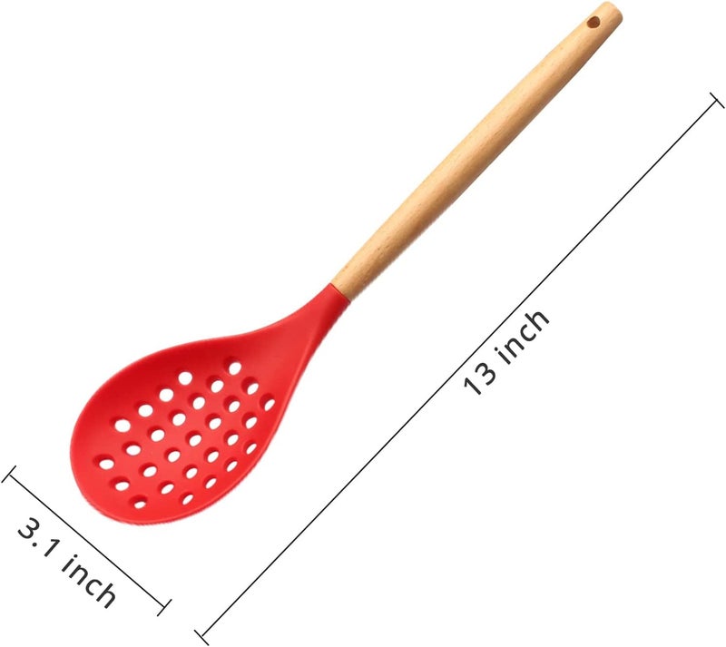 Oicia Kitchen Skimmer for Non-Stick Cookware, Silicone Large Non-Stick Slotted Cooking Ladle for Draining and Straining, Deep Fry Jhara, Puri Strainer for Frying, Deep Frying Skimmer (Pack of 1, Red) - Image 2