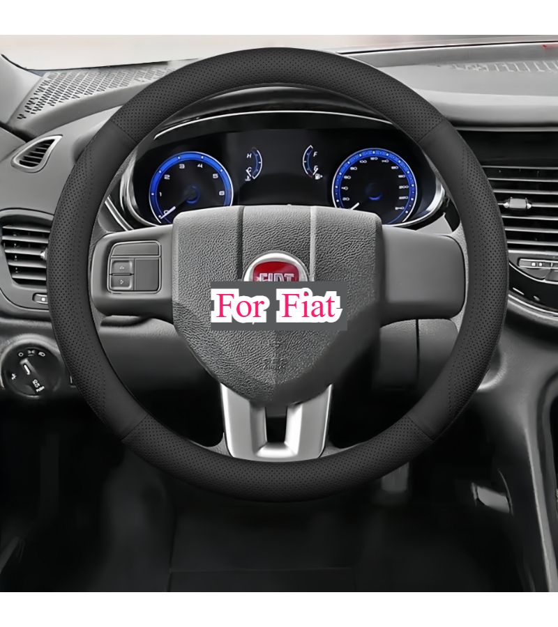 Black String Round One Piece Perforated Breathable Faux Leather Steering Wheel Cover - Image 1