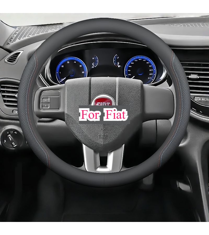 Black String Round One Piece Perforated Breathable Faux Leather Steering Wheel Cover - Image 2