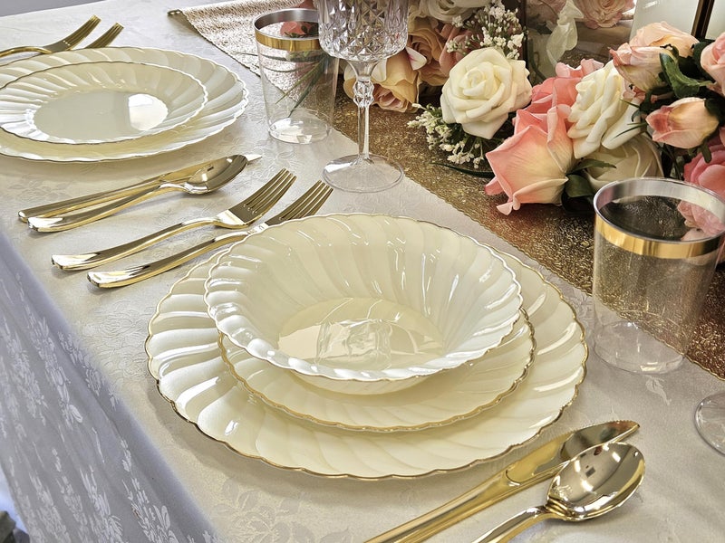 OCCASIONS FINEST PLA "" OCCASIONS "" 50 Plates Pack (25 Guests)-Vintage Wedding Party Disposable Plastic Plate Set -25 x 10.25'' Dinner + 25 x 7.5'' Salad/dessert plates (Blossom Ivory & Gold) - Image 3