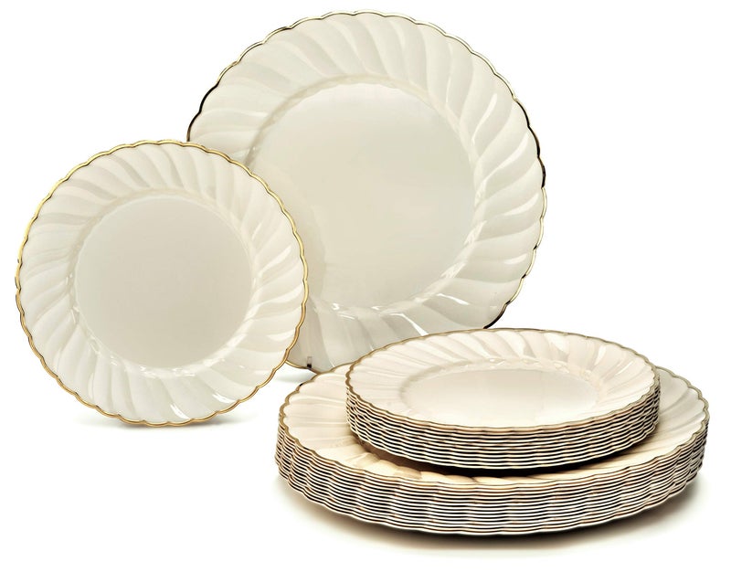 OCCASIONS FINEST PLA "" OCCASIONS "" 50 Plates Pack (25 Guests)-Vintage Wedding Party Disposable Plastic Plate Set -25 x 10.25'' Dinner + 25 x 7.5'' Salad/dessert plates (Blossom Ivory & Gold) - Image 1