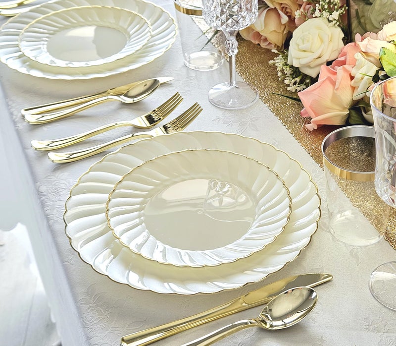 OCCASIONS FINEST PLA "" OCCASIONS "" 50 Plates Pack (25 Guests)-Vintage Wedding Party Disposable Plastic Plate Set -25 x 10.25'' Dinner + 25 x 7.5'' Salad/dessert plates (Blossom Ivory & Gold) - Image 4