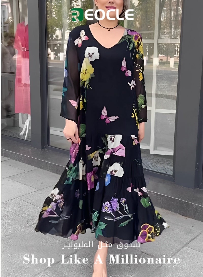 ريوكل فستان ماكسي نسائي فستان زهري بوهيمي كاجوال برقبة على شكل حرف V وكشكشة وأكمام قصيرة وفستان متوسط ​​الطول من التول للشاطئ - Image 1