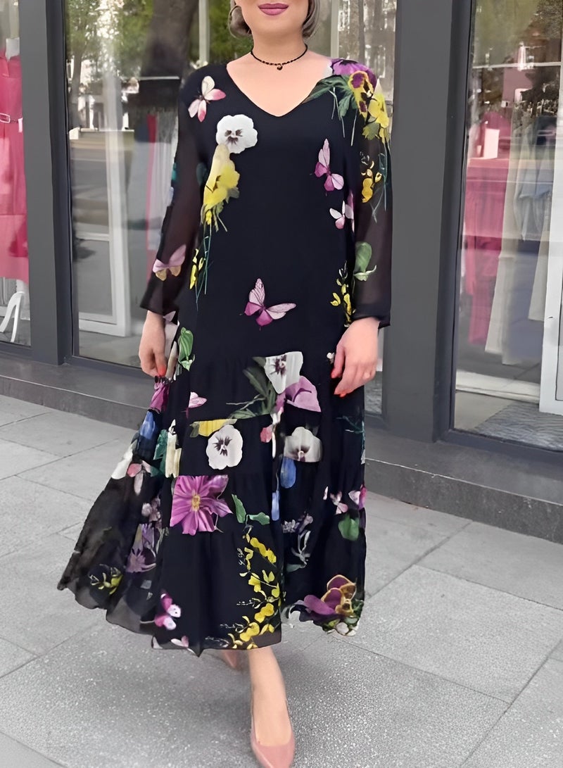 ريوكل فستان ماكسي نسائي فستان زهري بوهيمي كاجوال برقبة على شكل حرف V وكشكشة وأكمام قصيرة وفستان متوسط ​​الطول من التول للشاطئ - Image 3