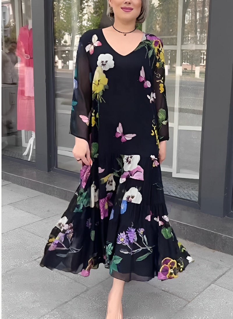 ريوكل فستان ماكسي نسائي فستان زهري بوهيمي كاجوال برقبة على شكل حرف V وكشكشة وأكمام قصيرة وفستان متوسط ​​الطول من التول للشاطئ - Image 2