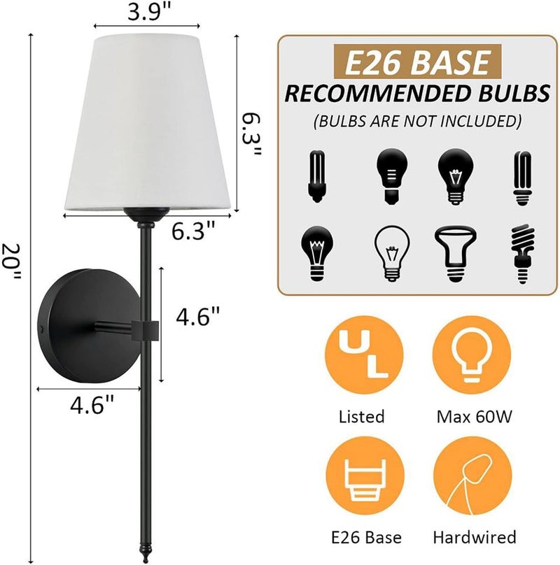 VRCT Wall Sconces Retro Industrial Wall Lamps Bathroom Vanity Sconces Wall Lighting with White Fabric Shade Suitable for Bedroom Living Room Corridor Kitchen Pack of 1 - Image 5