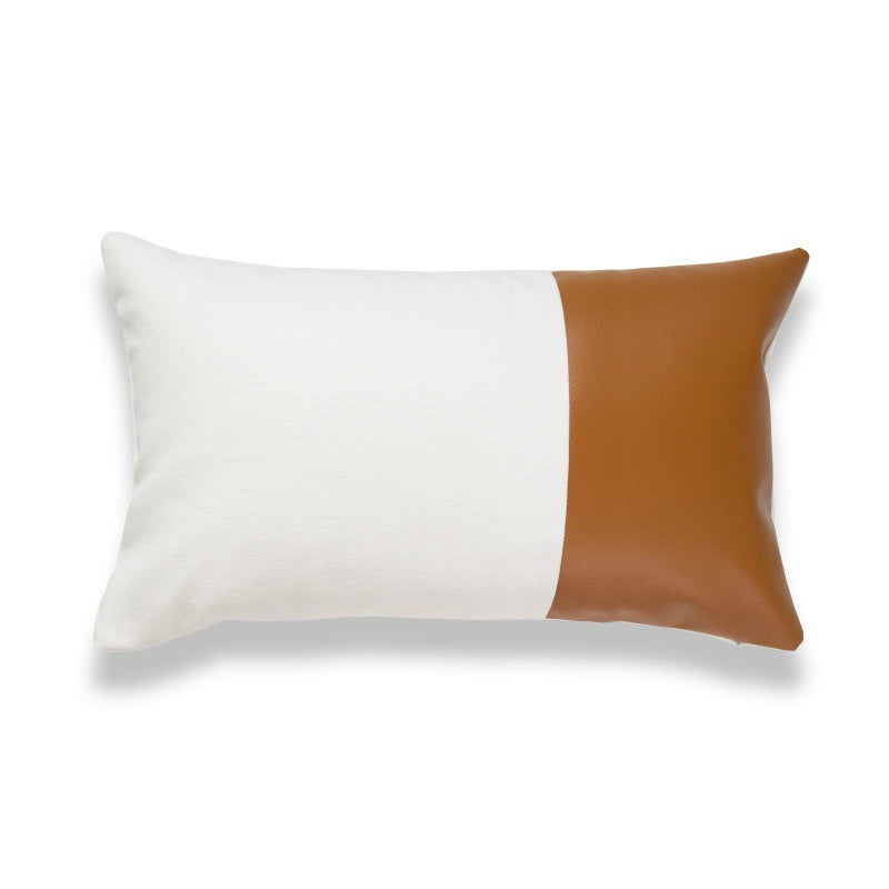 Hofdeco Faux Leather and 100% Cotton Pillow Cover Only  Camel White Modern Design  12""x20""