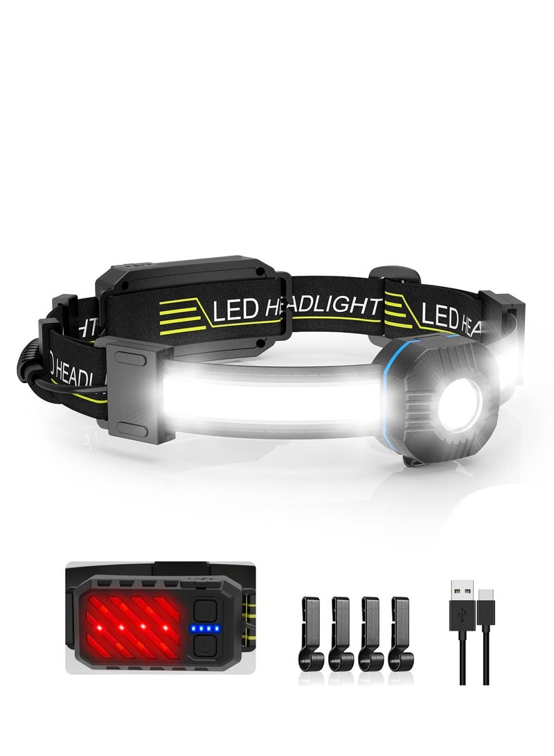 Rechargeable LED Headlamp with Red Taillight, 230° Wide Beam, IPX6 Waterproof, 10 Light Modes, Lightweight Design for Running, Camping, Hiking, Fishing, and Outdoor Activities. - Image 1