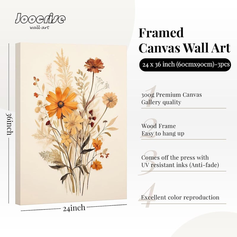 Joocrise Botanical Floral Wall Art Set of 3 Vintage Wildflower Canvas Wall Decor Watercolor Rustic Farmhouse Wall Art Aesthetic Botanical Pictures Vintage Floral Prints for Bedroom 24x36 Inch Ready to Hang - Image 2