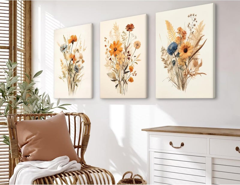 Joocrise Botanical Floral Wall Art Set of 3 Vintage Wildflower Canvas Wall Decor Watercolor Rustic Farmhouse Wall Art Aesthetic Botanical Pictures Vintage Floral Prints for Bedroom 24x36 Inch Ready to Hang - Image 3