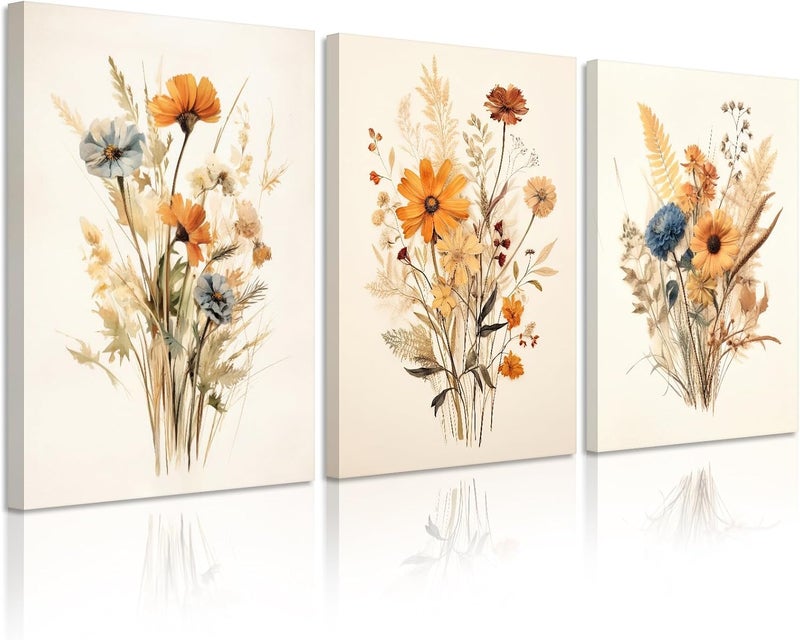Joocrise Botanical Floral Wall Art Set of 3 Vintage Wildflower Canvas Wall Decor Watercolor Rustic Farmhouse Wall Art Aesthetic Botanical Pictures Vintage Floral Prints for Bedroom 24x36 Inch Ready to Hang - Image 1