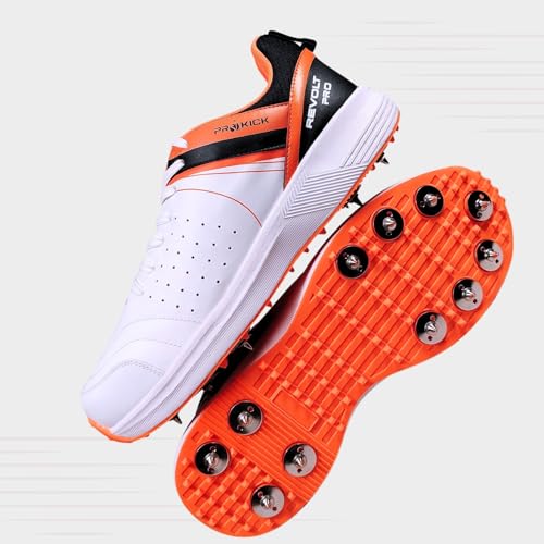 Prokick Revolt Pro Spike Cricket Shoes | Lightweight & Durable | Metal Spikes for Superior Grip | Ideal for Batting, Bowling & Fielding WHITE/BLACK/ORANGE-10 UK - Image 3
