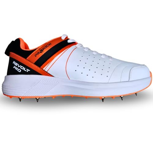 Prokick Revolt Pro Spike Cricket Shoes | Lightweight & Durable | Metal Spikes for Superior Grip | Ideal for Batting, Bowling & Fielding WHITE/BLACK/ORANGE-10 UK - Image 1