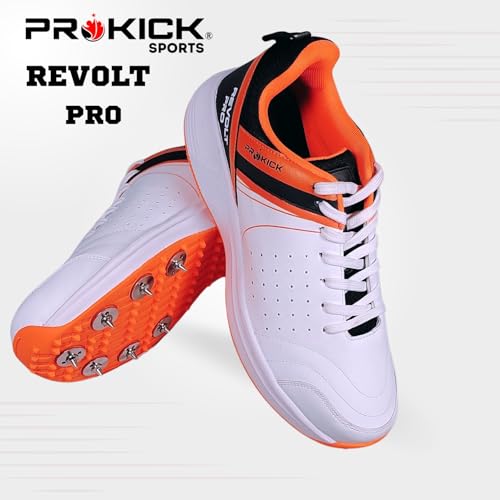 Prokick Revolt Pro Spike Cricket Shoes | Lightweight & Durable | Metal Spikes for Superior Grip | Ideal for Batting, Bowling & Fielding WHITE/BLACK/ORANGE-10 UK - Image 2