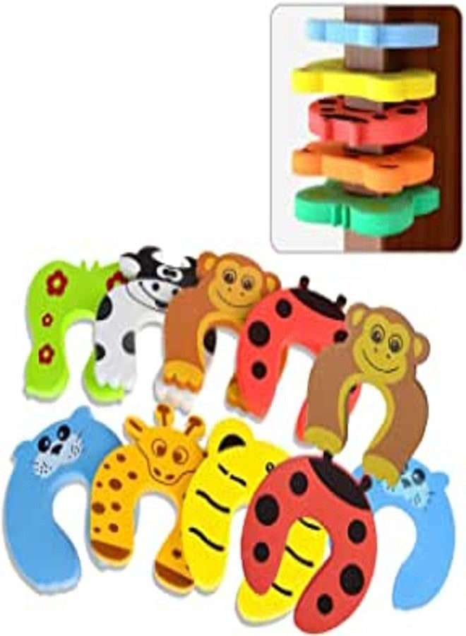 DORMICO Finger Pinch Baby Child Kid Pet Guard Protector Cartoon Animal Design Unbreakable Foam Door Slamming Stopper Prevents Getting Locked In Room Baby Proofing (Pack Of 10),Multicolor - Image 1