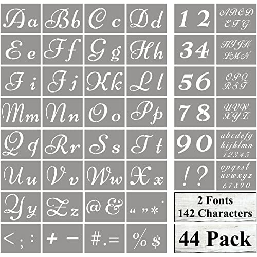 REOLAN Letter Stencils for Painting on Wood - 44 Pack Alphabet Stencil Templates with Numbers and Signs, Reusable Plastic Stencils in 2 Fonts and 142 Designs for Wood Burning & Wall Art - Image 1