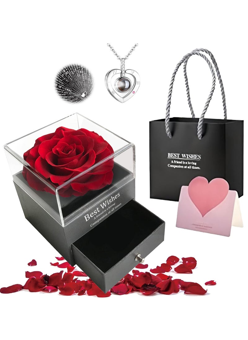 Adando Adando Eternal Rose with Gift Box Cute Eternal Red Rose Set with I Love You Necklace Handmade Preserved Rose Jewelry Box for Mom/Wife/Girlfriend A Romantic Gift for Her  - Image 1