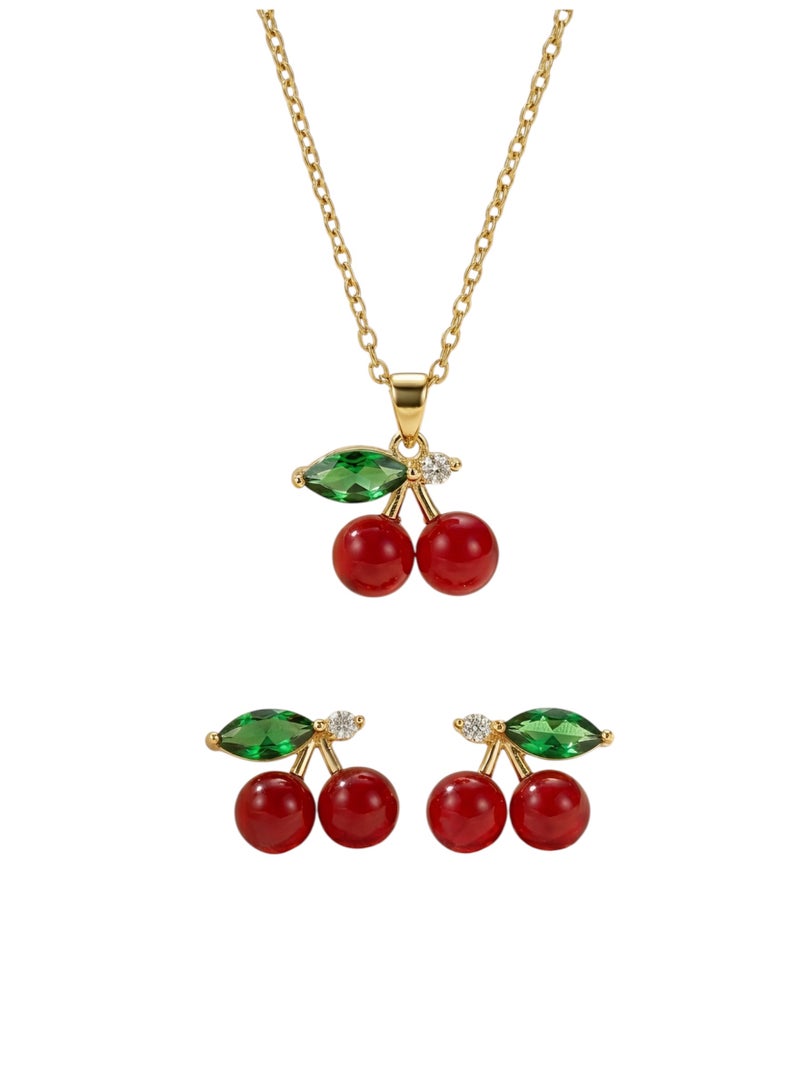 Cute Cherry-themed Minimalist Jewelry Set - Stainless Steel Gold Plated Necklace & Earrings - Perfect for Daily Wear, Dates, and Birthday Gifts for Women - 3pcs Set - Image 1