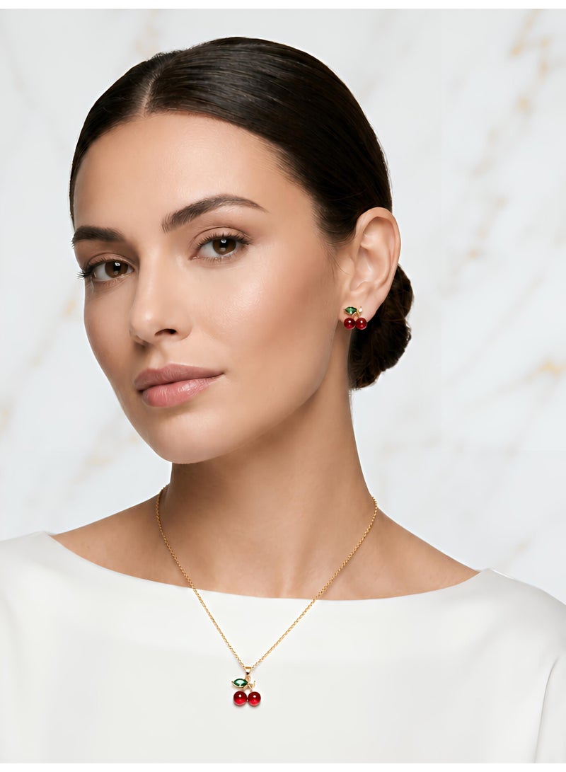 Cute Cherry-themed Minimalist Jewelry Set - Stainless Steel Gold Plated Necklace & Earrings - Perfect for Daily Wear, Dates, and Birthday Gifts for Women - 3pcs Set - Image 2