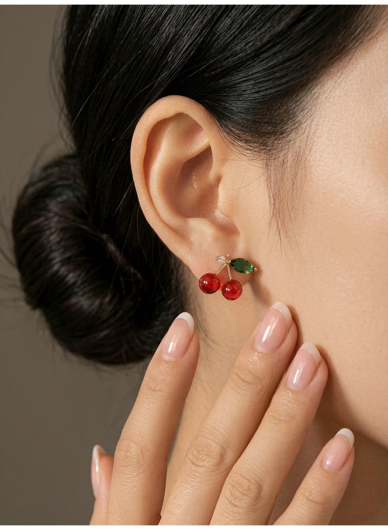 Cute Cherry-themed Minimalist Jewelry Set - Stainless Steel Gold Plated Necklace & Earrings - Perfect for Daily Wear, Dates, and Birthday Gifts for Women - 3pcs Set - Image 3