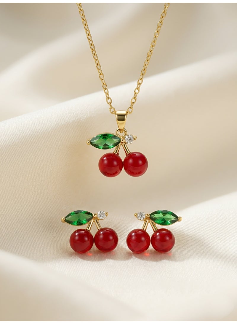 Cute Cherry-themed Minimalist Jewelry Set - Stainless Steel Gold Plated Necklace & Earrings - Perfect for Daily Wear, Dates, and Birthday Gifts for Women - 3pcs Set - Image 4