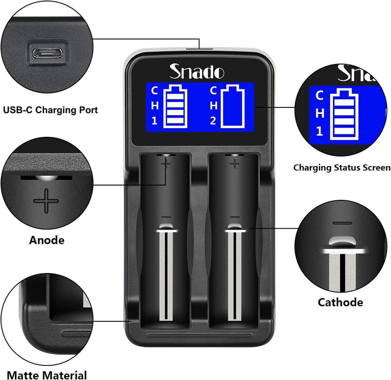 Snado Intelligent Charger, LCD Display Universal Smart Charger for Rechargeable Li-ion Batteries 18650 18490 18350 17670 17500 16340 14500, Ni-MH/Ni-Cd A AA AAA Batteries (2 Slots) - Image 3