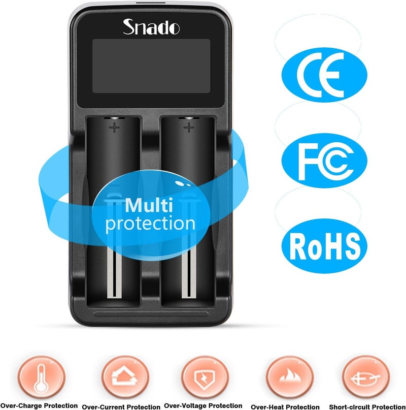 Snado Intelligent Charger, LCD Display Universal Smart Charger for Rechargeable Li-ion Batteries 18650 18490 18350 17670 17500 16340 14500, Ni-MH/Ni-Cd A AA AAA Batteries (2 Slots) - Image 5