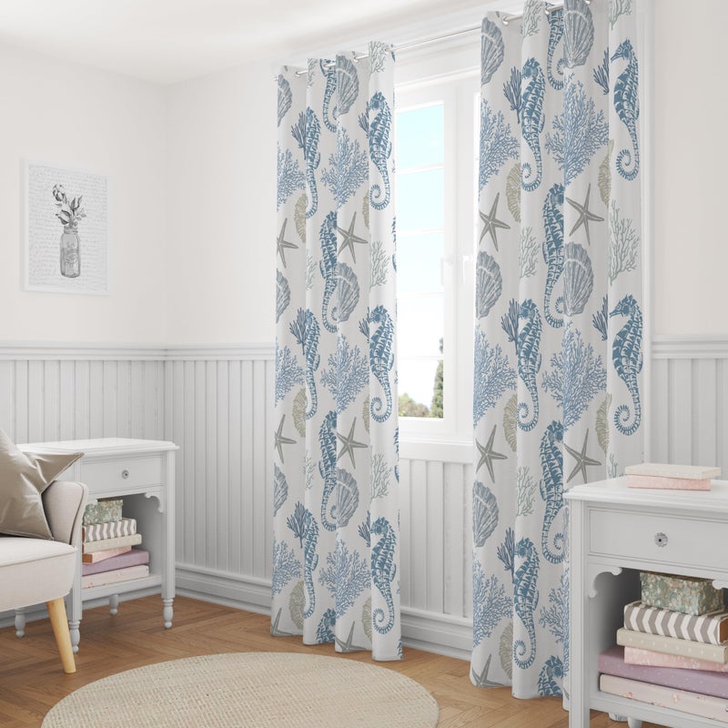 weesire Nautical Coastal Curtains Decorative Beach Ocean Seahorse Coral 50% Light Blocking Sea Darkening Grommet Curtain for Villa Living Room, Bedroom Navy Blue and White 2 Panels Set, 52x84 Inches - Image 5