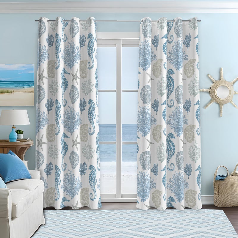 weesire Nautical Coastal Curtains Decorative Beach Ocean Seahorse Coral 50% Light Blocking Sea Darkening Grommet Curtain for Villa Living Room, Bedroom Navy Blue and White 2 Panels Set, 52x84 Inches - Image 1