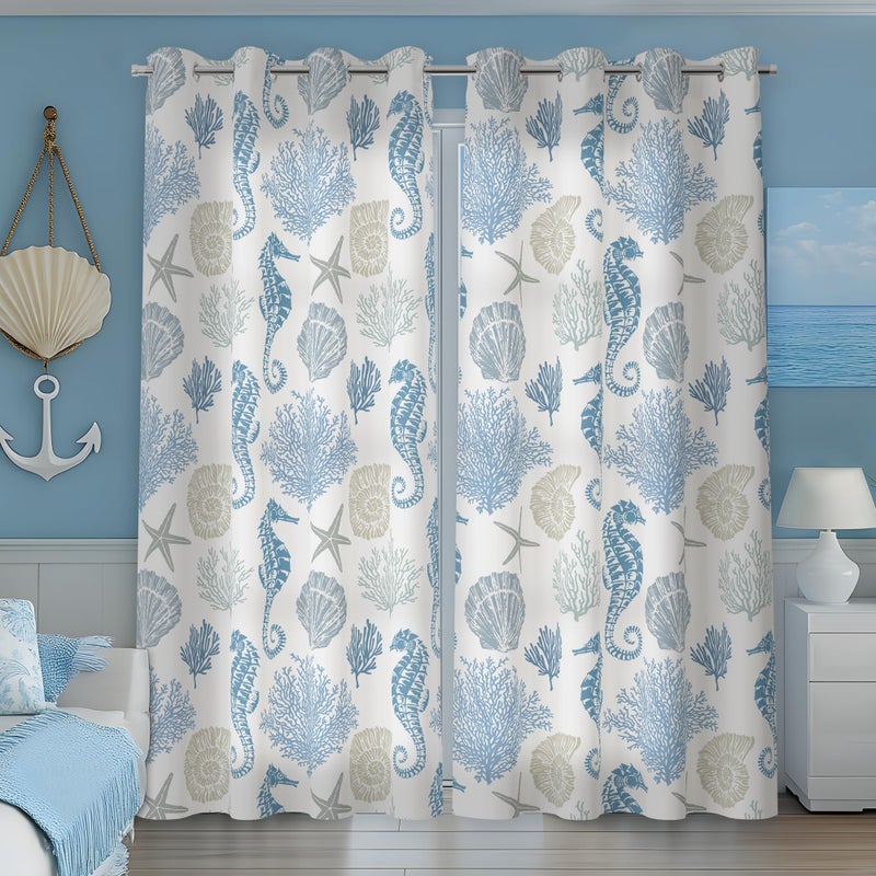 weesire Nautical Coastal Curtains Decorative Beach Ocean Seahorse Coral 50% Light Blocking Sea Darkening Grommet Curtain for Villa Living Room, Bedroom Navy Blue and White 2 Panels Set, 52x84 Inches - Image 3