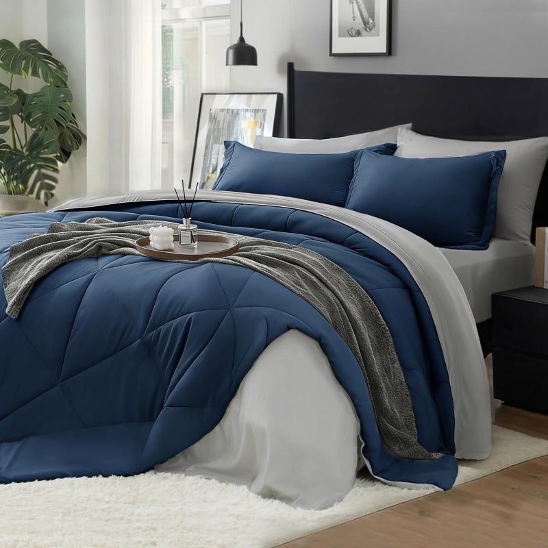 BEDELITE Queen Comforter Set 7 Pieces Bed in A Bag - Soft Microfiber Reversible Calm Blue Bed Set with Comforters, Sheets, Pillowcases & Shams, Cozy Luxury Bedding Sets for All Season - Image 1