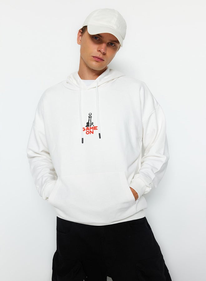 trendyol Ecru Oversize/Wide Cut Hooded Long Sleeve Basketball Printed Unmarked Sweatshirt - Image 2