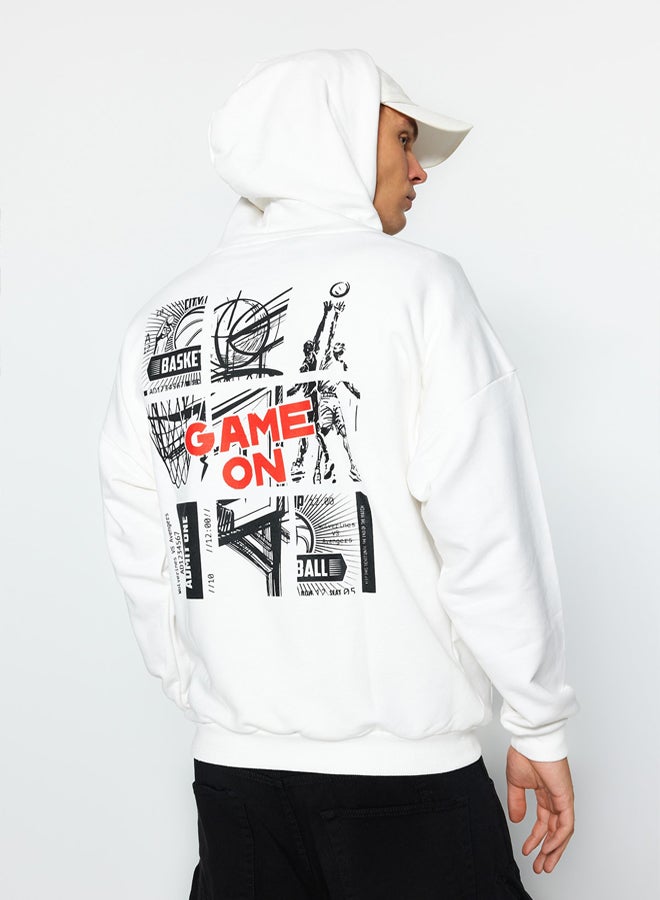 trendyol Ecru Oversize/Wide Cut Hooded Long Sleeve Basketball Printed Unmarked Sweatshirt - Image 4