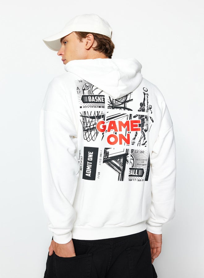 trendyol Ecru Oversize/Wide Cut Hooded Long Sleeve Basketball Printed Unmarked Sweatshirt - Image 1
