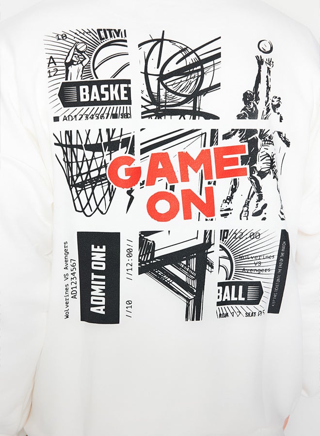 trendyol Ecru Oversize/Wide Cut Hooded Long Sleeve Basketball Printed Unmarked Sweatshirt - Image 5