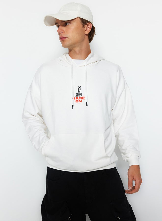 trendyol Ecru Oversize/Wide Cut Hooded Long Sleeve Basketball Printed Unmarked Sweatshirt - Image 3