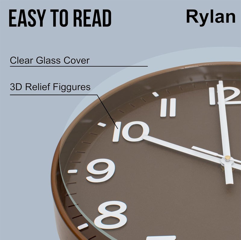 TEKCOOL ساعة حائط رقمية بلاستيكية 12" هادئة كوارتز زخرفية أحدث ساعة كلاسيكية تعمل بالبطارية دائرية سهلة القراءة للغرفة/المنزل/المطبخ/غرفة النوم/المكتب/المدرسة (بني). - Image 4