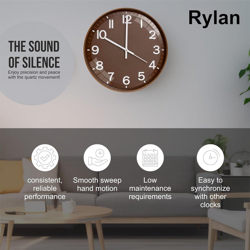 TEKCOOL ساعة حائط رقمية بلاستيكية 12" هادئة كوارتز زخرفية أحدث ساعة كلاسيكية تعمل بالبطارية دائرية سهلة القراءة للغرفة/المنزل/المطبخ/غرفة النوم/المكتب/المدرسة (بني). - Image 3