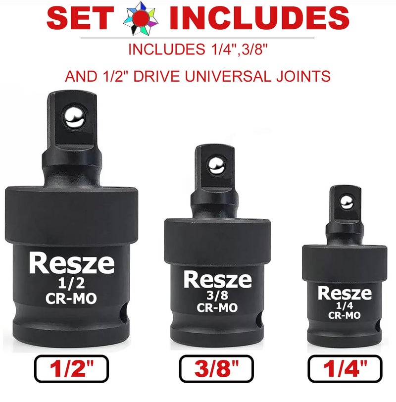 Resze 3PCS Universal Joint Swivel Socket Adapter Set (1/4", 3/8", 1/2"), 360° Rotating, Chrome-Plated Steel, Universal Fit, Anti-Slip Design - Heavy-Duty Automotive & DIY Mechanics Tool Kit - Image 2