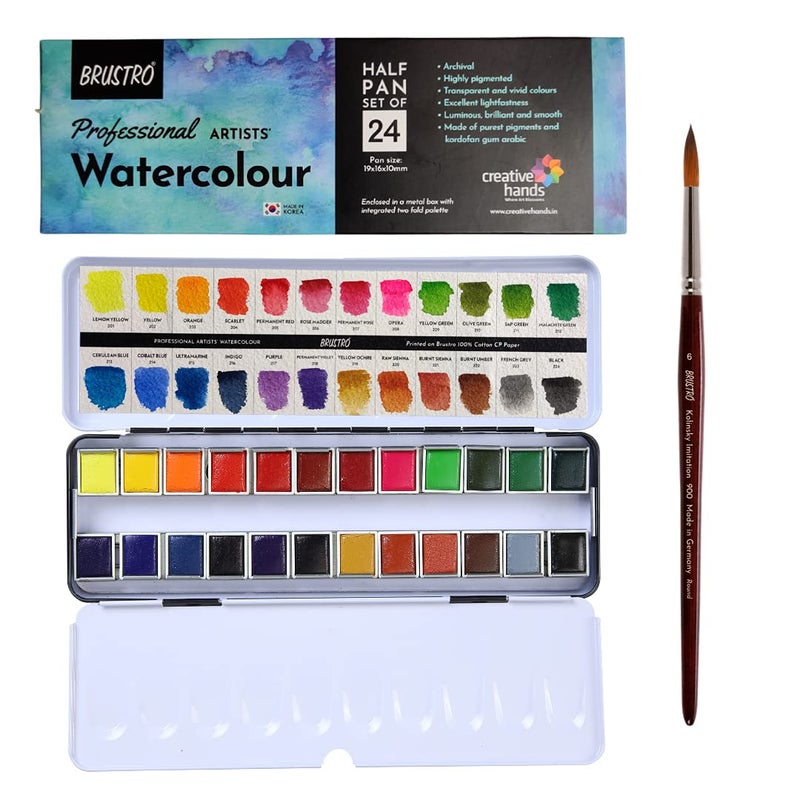 BRUSTRO Professional Artists' Watercolour 24 Half pan Set with Kolinsky Imitation Round Brush no.6 - Image 1