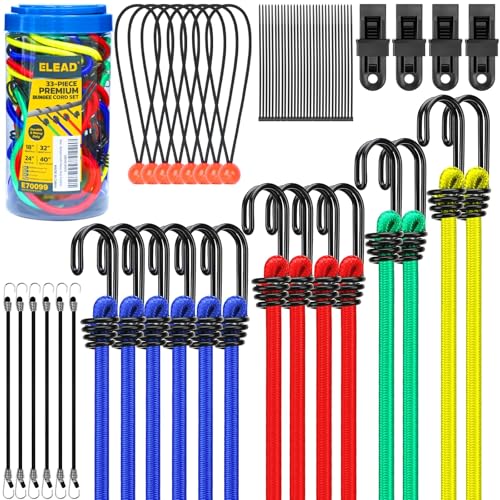 ELEAD 33 Piece Premium Bungee Cords Assortment Jar Includes 10 18 24 32 40 Bungee Cord with Hooks 6 Nylon Cable Ties 8 Canopy Tarp Ball Ties and Tarp Clips - Image 1