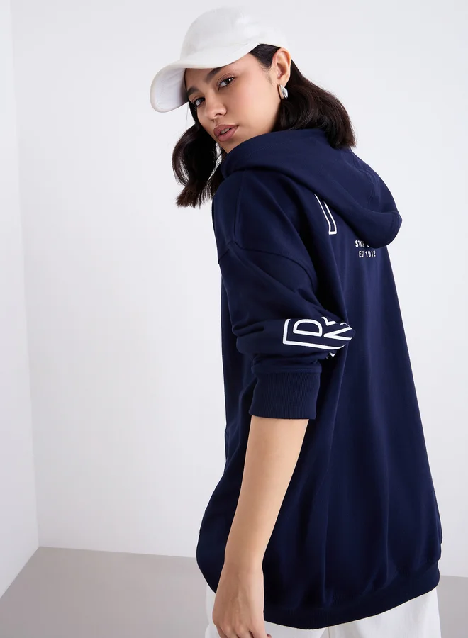 Styli Navy Graphic Print Longline Oversized Hoodie