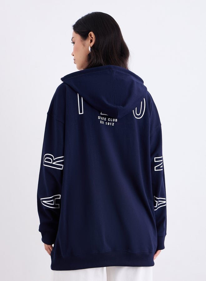 Styli Navy Graphic Print Longline Oversized Hoodie - Image 5