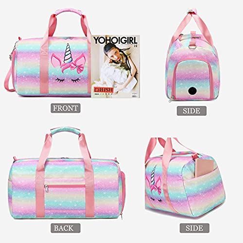 Octsky Dance Duffle Bag Girls Unicorn Kids Sports Gym Bag with Shoe Compartment & Wet Pocket Sleepover Overnight Weekender Travel Bag - Image 3