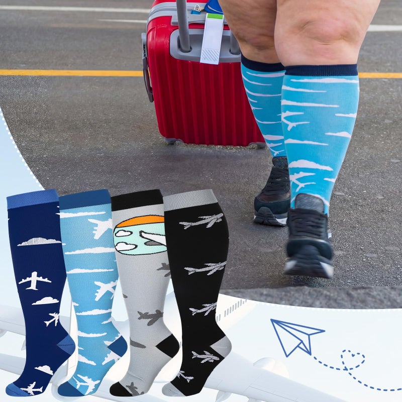 Cuffbow 4 Pairs Plus Size Long Flight Compression Socks for Women Men Airplane Travel Wide Calf 20-30 Mmhg Knee High Compression Socks for Men Women Pilots Circulation Travel and Flight Lover - Image 2