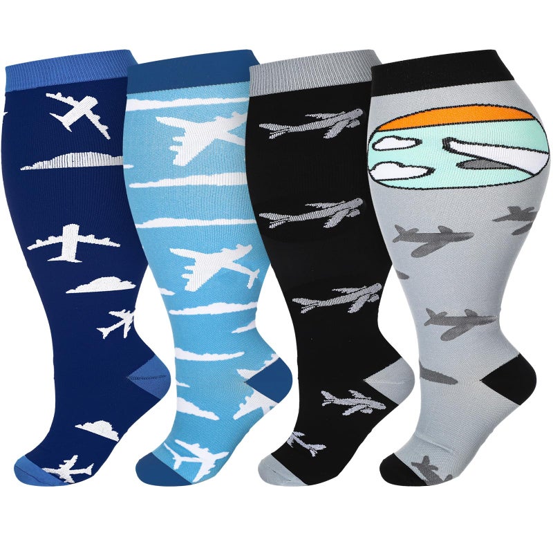 Cuffbow 4 Pairs Plus Size Long Flight Compression Socks for Women Men Airplane Travel Wide Calf 20-30 Mmhg Knee High Compression Socks for Men Women Pilots Circulation Travel and Flight Lover - Image 1