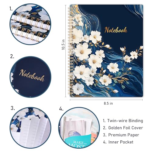 Shoparr Spiral Notebook - Notebooks Spiral Bound, Journal Notebook with Thick Paper & Back Pocket, with Twin-Wire Binding, College Ruled Notebooks - Journals for Women (8.5" * 11", 160 Pages, Floral) - Image 5