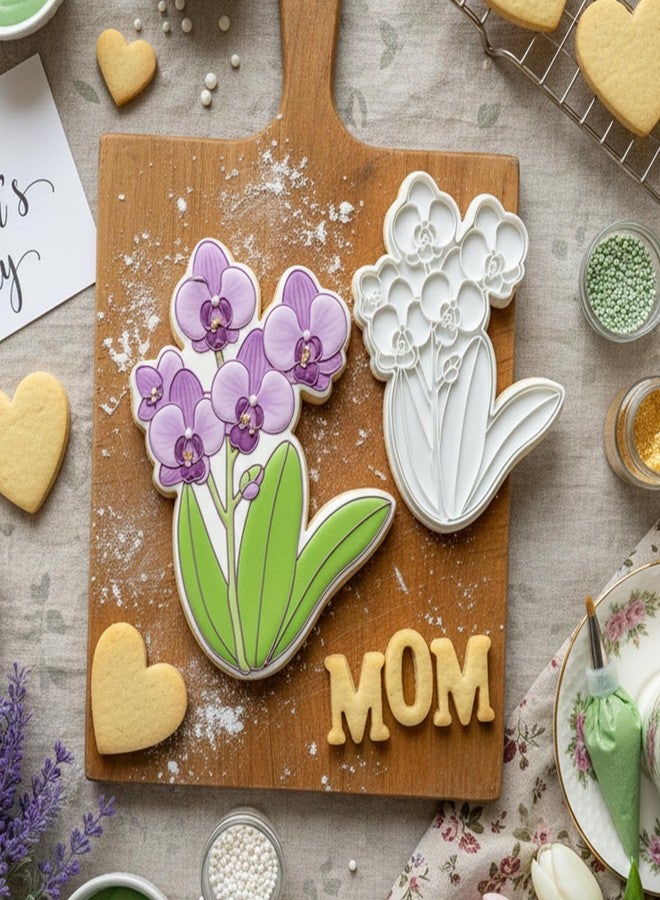 Flycalf Flower Cookie Cutters Mothers Day Orchid Mom with Plunger Stamps Handle Detailed 3.5" PLA Cutters for Baking Fondant Cutters Pastry Biscuit Baking Clay DIY Molds - Image 5
