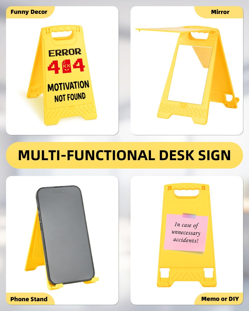 EXUBERIUM Error 404 Motivation Funny Desk Sign Yellow Warning Style Acrylic Table Decor Gift for Coworkers Friends Home Office Workspace Tabletop Cubicle Phone Holder Mirror Stand - Image 3