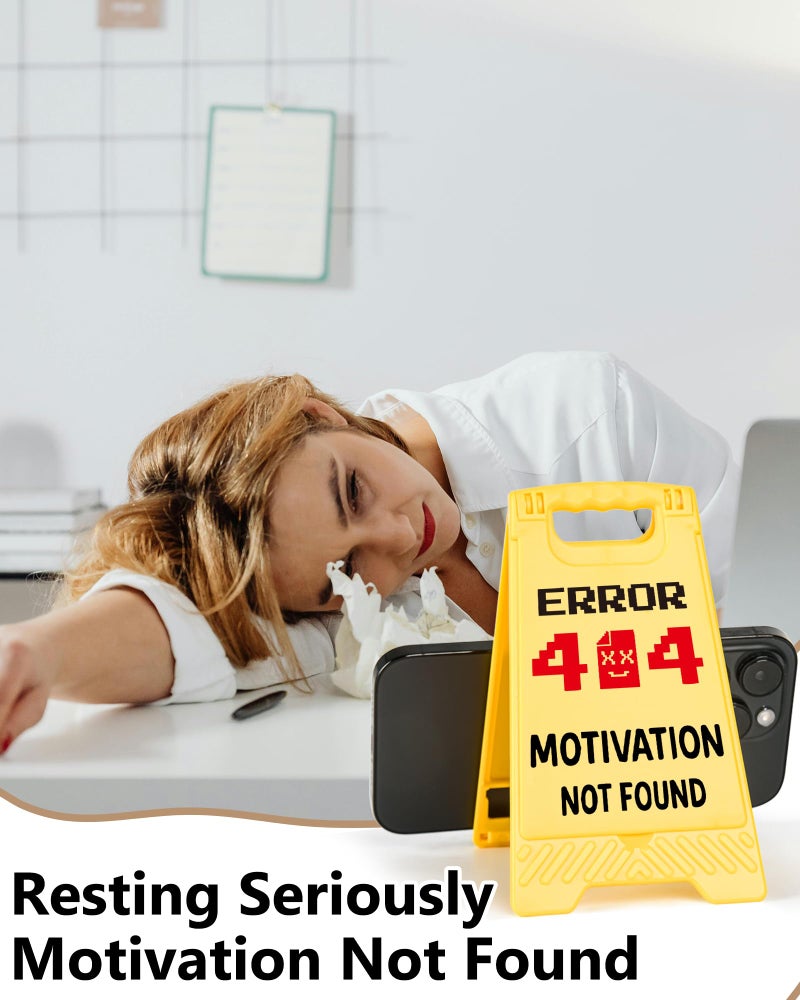 EXUBERIUM Error 404 Motivation Funny Desk Sign Yellow Warning Style Acrylic Table Decor Gift for Coworkers Friends Home Office Workspace Tabletop Cubicle Phone Holder Mirror Stand - Image 4
